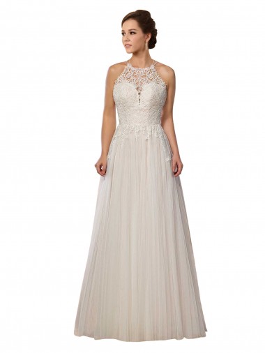 Cheap Illusion Halter Lace Boho Wedding Dress with Plunging Sweetheart Bodice Toronto