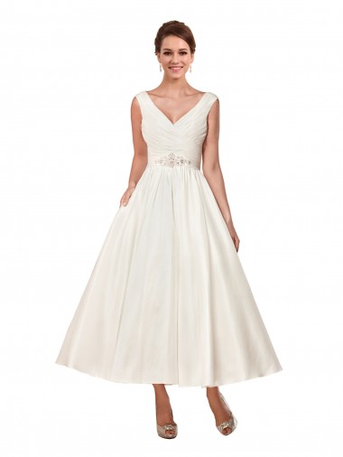 Cheap V-Neck A-Line Short Ankle Length Satin Wedding Dress Toronto