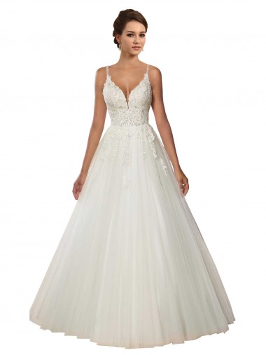 Cheap Modern Spaghetti Straps Ball Gown Tulle Wedding Dress with Lace Bodice Toronto