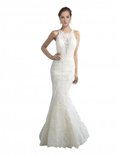 Cheap Deep Illusion Neck Mermaid Tulle Beach Wedding Dress with All Over Lace Toronto