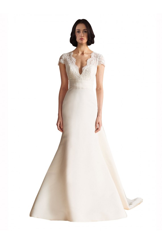 V-Neck Lace Bodice A-Line Satin Wedding Dress with Keyhole Back