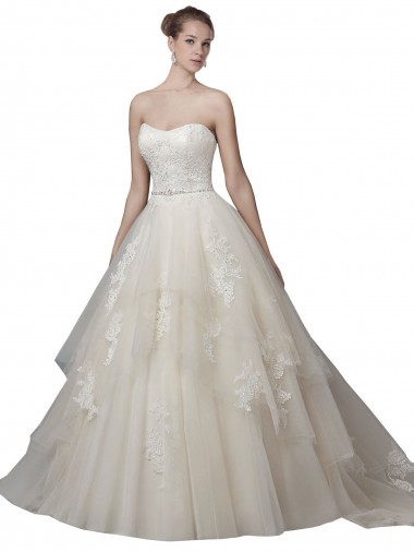 Cheap Strapless Ball Gown Tulle Wedding Dress with Lace Appliques Toronto