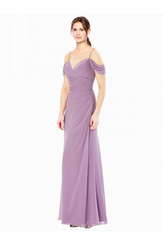 Draped Off the Shoulder Sweetheart Chiffon Bridesmaid Dress with Button Back