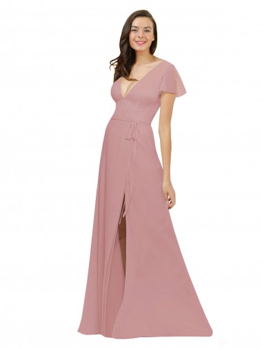 Cheap Flutter Sleeves Short Chiffon Bridesmaid Dress with Tie Belt Toronto