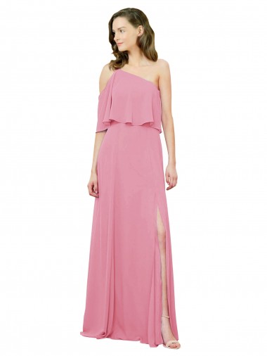 Cheap Sleeved One Shoulder Chiffon Bridesmaids Dress with Draped Ruffle Overlay Toronto
