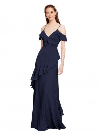 Cheap Cascading Ruffles Long Chiffon Bridesmaid Dress with Cold Shoulder Toronto