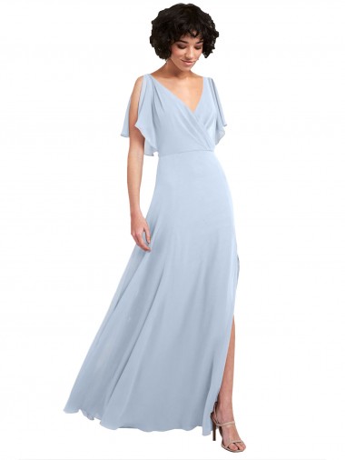 Cheap Split Flutter Sleeves V-Neck Chiffon Bridesmaid Dress with Open V-Back Toronto