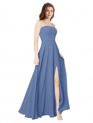 Cheap Strapless Long Chiffon Bridesmaid Dress with Front Slit Toronto