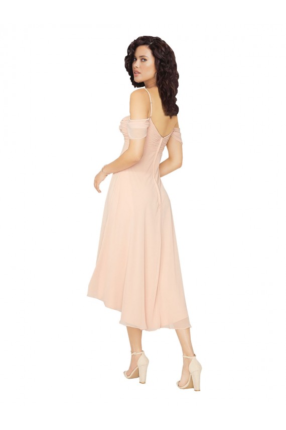 Cold Shoulder Midi Length Short Chiffon Bridesmaid Dress