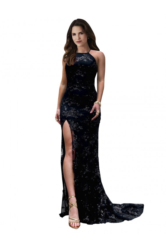 Formal High Neckline Lace Open Back Bridesmaid Dress / Prom Dress with High Slit