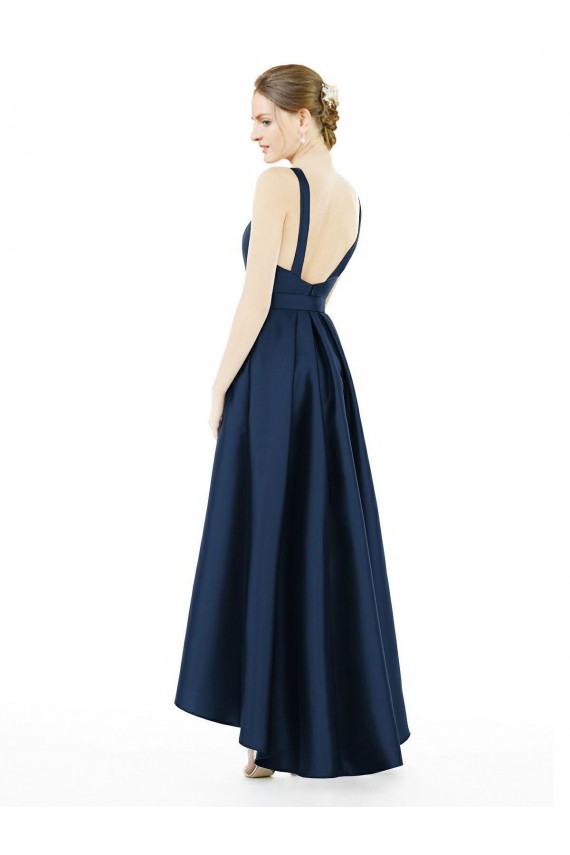 Full Length Sleeveless Long Satin Bridesmaid Dress with High Low Hem Detail