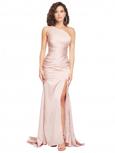 Cheap Full Length One Shoulder Long Formal Silky Satin Bridesmaid Dress / Prom Dress with High Split Toronto