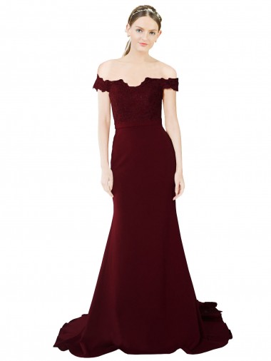 Cheap Full Length Off the Shoulder Formal Crepe Bridesmaid Dress / Prom Dress with Lace On Bodice and Back Toronto
