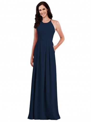 Cheap Criss Cross Back Crepe Halter Bridesmaid Dress with Pockets Toronto