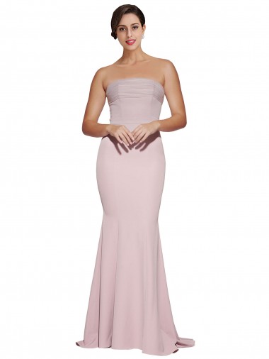Cheap Straight Neck Long Strapless Formal Crepe Bridesmaid Dress / Prom Dress with Soft Tulle Overlay and Small Train Toronto