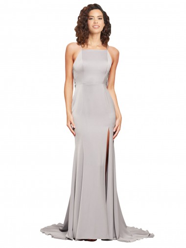 Cheap High Neck Low Back Long Full Length Formal Stretch Satin Bridesmaid Dress / Prom Dress Toronto
