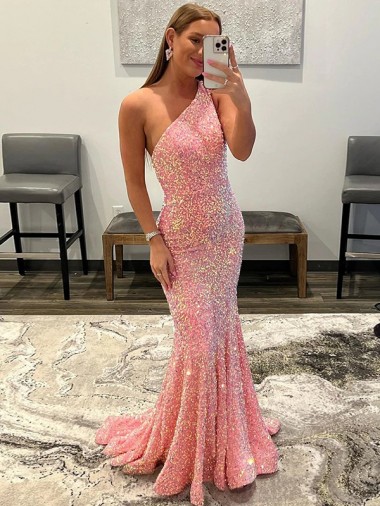Cheap Open Back One Shoulder Sleeveless Long Sweep Train Velvet Sequin Prom Dress Toronto