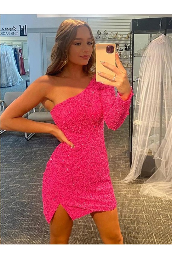 Short Velvet Sequin One Shoulder Long Sleeves Prom Dress