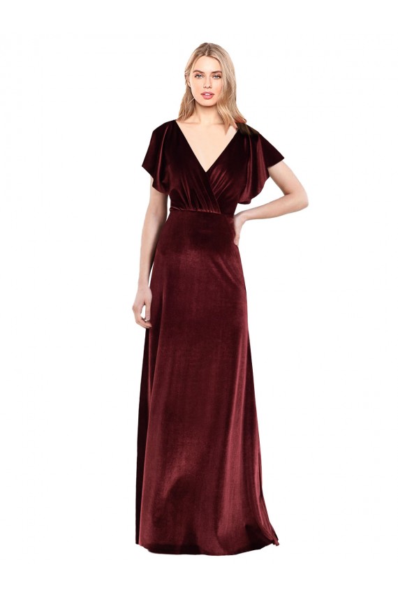 Flutter Sleeves Open Back Long Velvet Bridesmaid Dress / Prom Dress