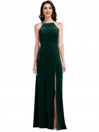 Cheap Velvet Halter Maxi Bridesmaid Dress / Prom Dress with Pockets & Front Slit Toronto