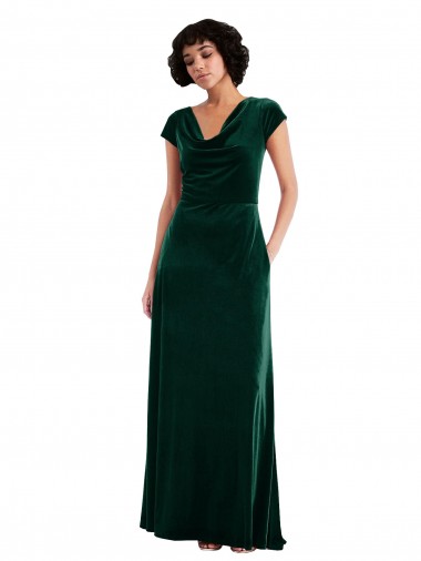 Cheap Cowl Neck Cap Sleeve Velvet Maxi Bridesmaid Dress / Prom Dress with Pockets Toronto