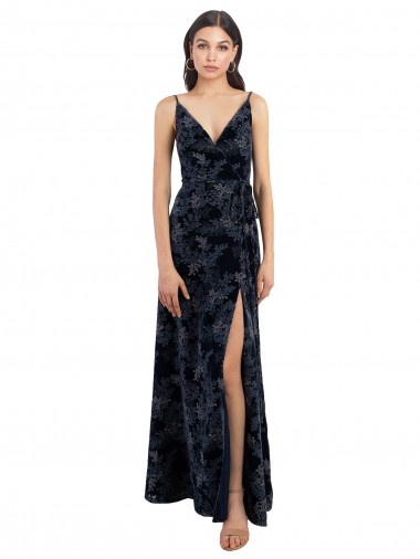 Cheap Floral Velvet Surplice V-Neck Long Bridesmaid Dress with V-Back Toronto