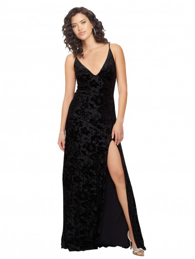 Cheap V-Neck Cowl Back Floral Velvet Bridesmaid Dress with Front Slit and Deep V-Neck Toronto
