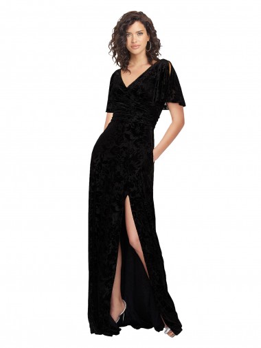 Cheap Split Sleeves V-Neck Floral Velvet Bridesmaid Dress with Front Slit Toronto