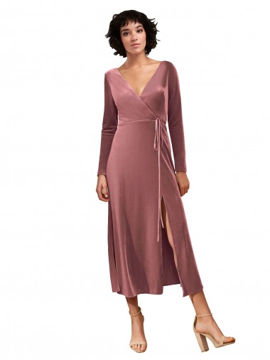 Cheap Long Sleeve Velvet Faux Wrap Midi Length Bridesmaid Dress / Prom Dress Toronto