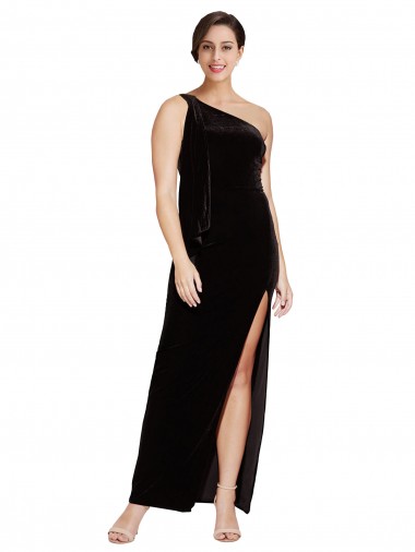 Cheap One Shoulder Long Formal Velvet Bridesmaid Dress / Prom Dress with Side Split and Shoulder Tie Toronto